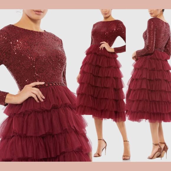 NWT IEENA Mac Duggal [ 8‎ ] 26299 Long Sleeve Ruffle Tiered Midi Dress Wine Red - Picture 1 of 15